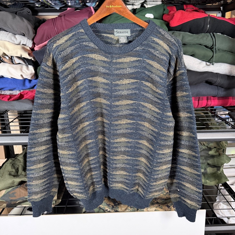 Serafini Men's Small‎ Crew Neck Sweater Acrylic Blue Tan Green Zig Zag Pattern